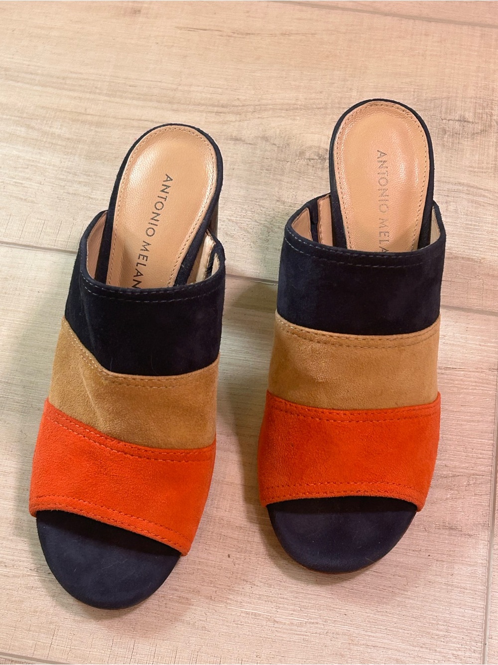 ANTONIO MELANI Suede Colorblock Slide Mules in Navy, Tan & Orange